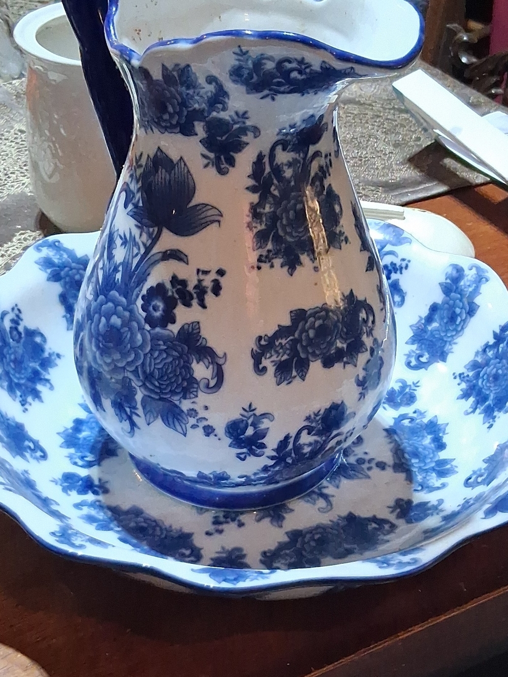 Blue and White Floral Ceramic Pitcher and Basin - Classic Home Art